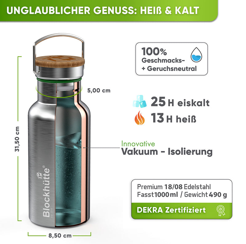 Premium Edelstahl Trinkflasche isoliert mit [GRATIS Bürste] - Blockhütte - isolierflasche edelstahl-trinkflasche trinkflasche edelstahl edelstahl trinkflasche edelstahl trinkflaschen trinkflasche edelstahl kinder trinkflasche aus edelstahl edelstahl trinkflasche 1l  metallflasche wasserflasche edelstahl trinkflasche thermo trinkflasche sport trinkflasche metall trinkflasche isoliert trinkflasche erwachsene trinkflasche aluminium thermoskanne outdoor